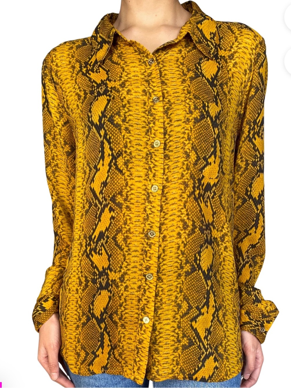 Vince Camuto Yellow Python Snakeskin Print Button Up Blouse Top Petite XS
